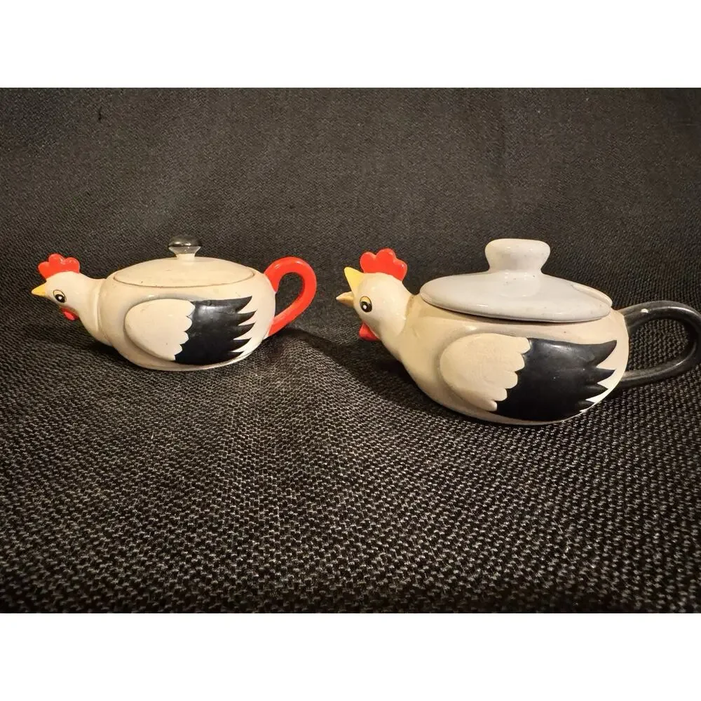 Vintage Coq Rouge Rooster Ceramic Creamer & Sugar Bowl Lidded MCM Kitchen Set